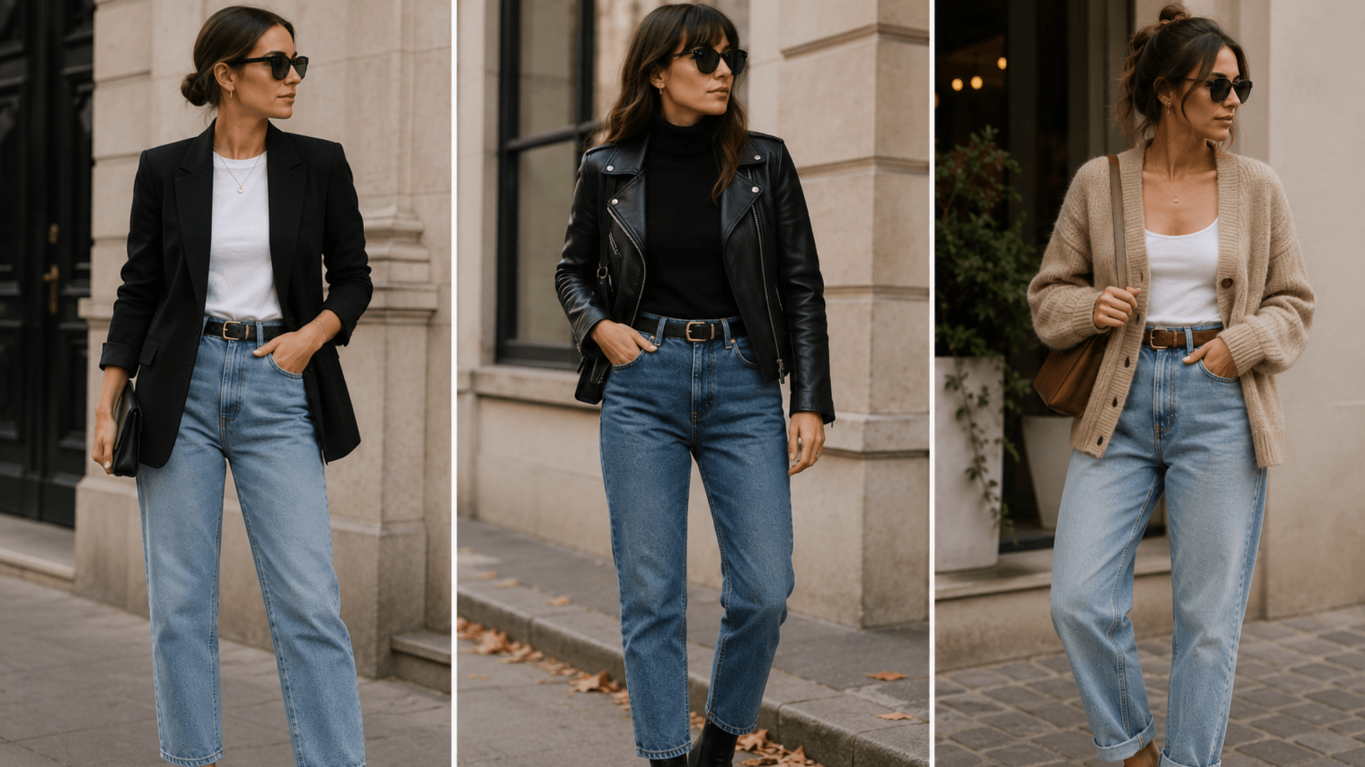 women wearing mom jeans with a blazer leather jacket and cardigan