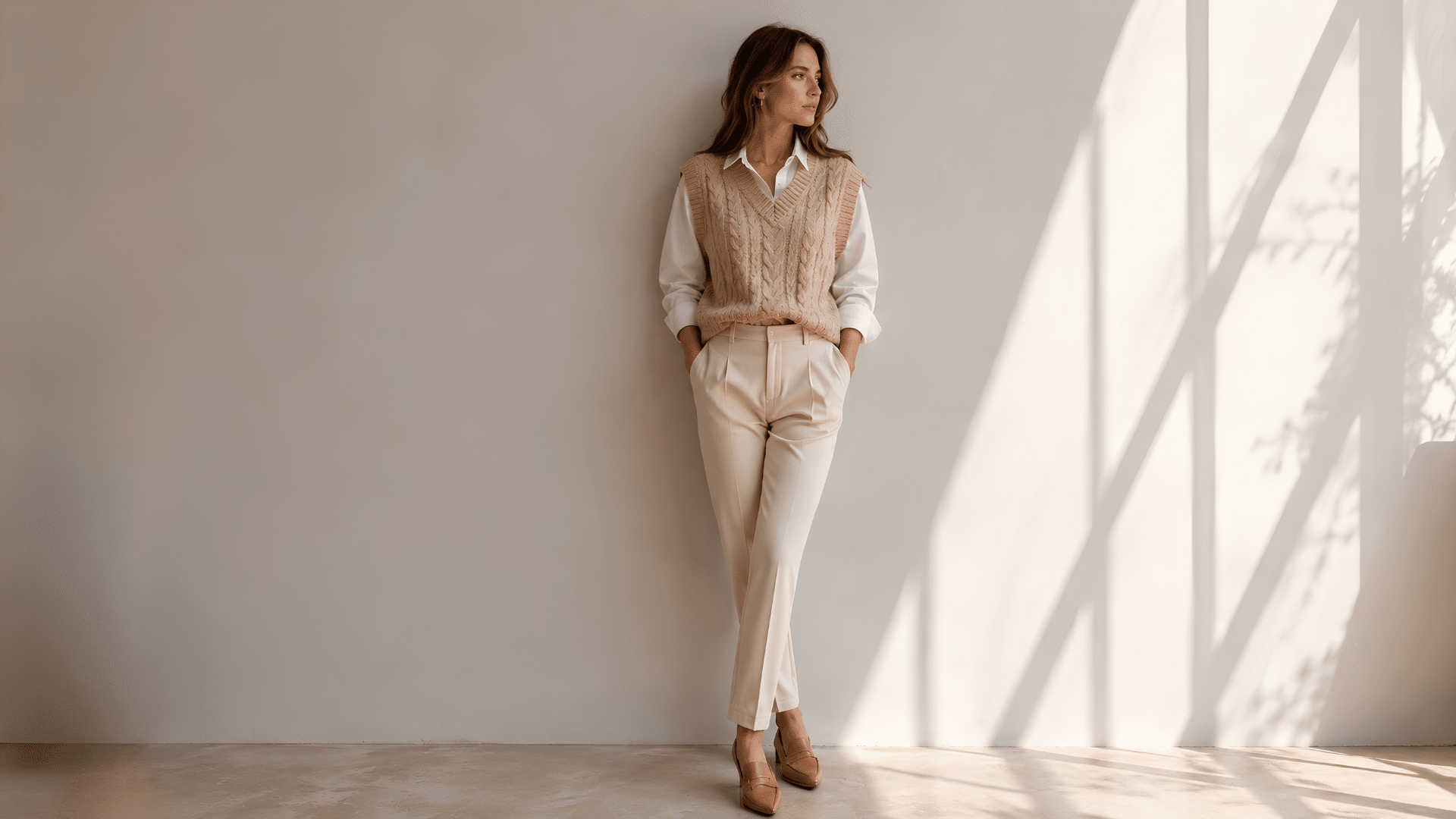 women weariong vest sweater in plain beige room with natural light