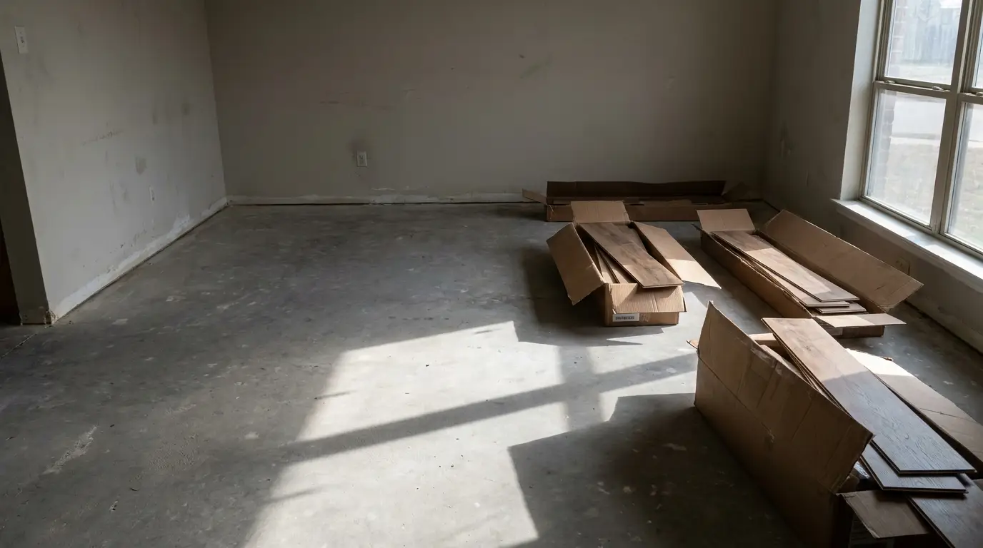 Empty room with stacked laminate flooring and cardboard boxes on bare concrete floor