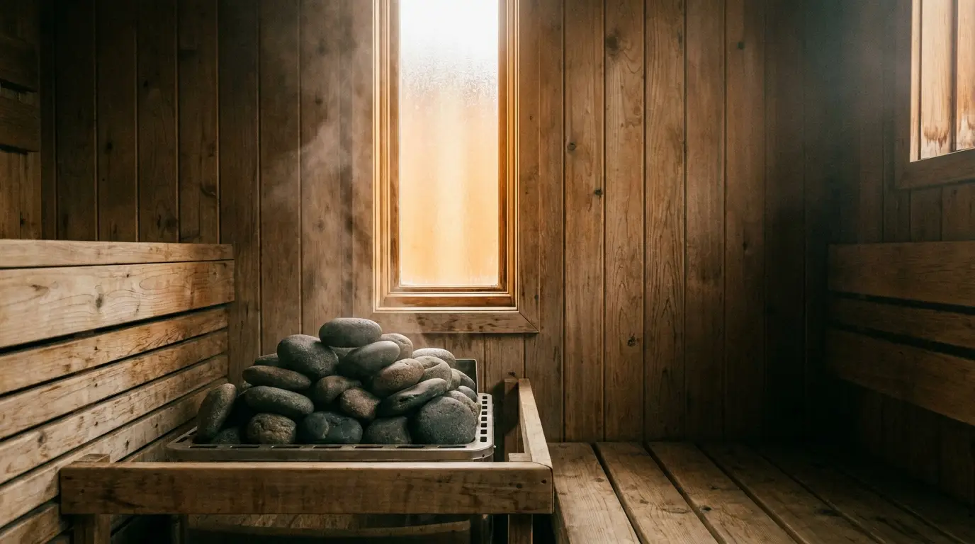 Wooden sauna interior with stone heater and narrow window emitting warm light