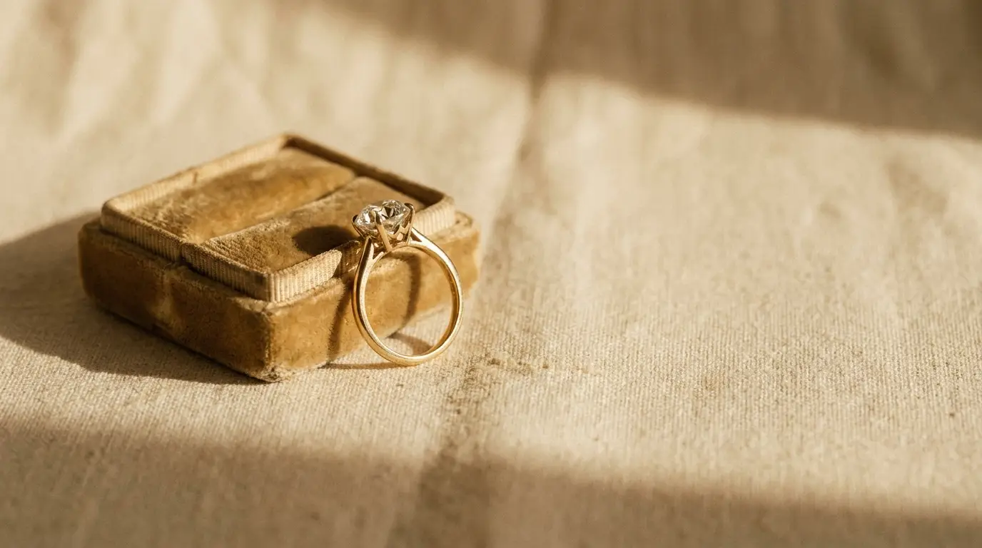 Diamond engagement ring on vintage velvet box in warm natural light setting