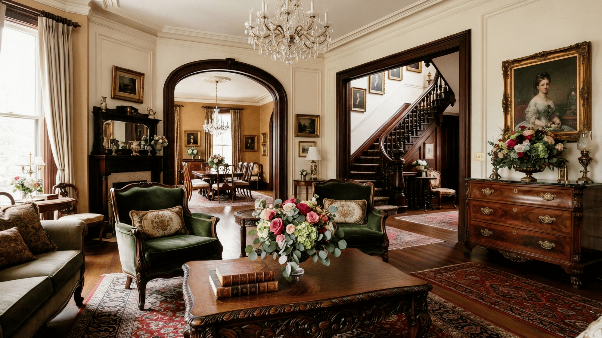 Victorian living room setting with ornate furniture rich colors antique decor and elegant traditional details