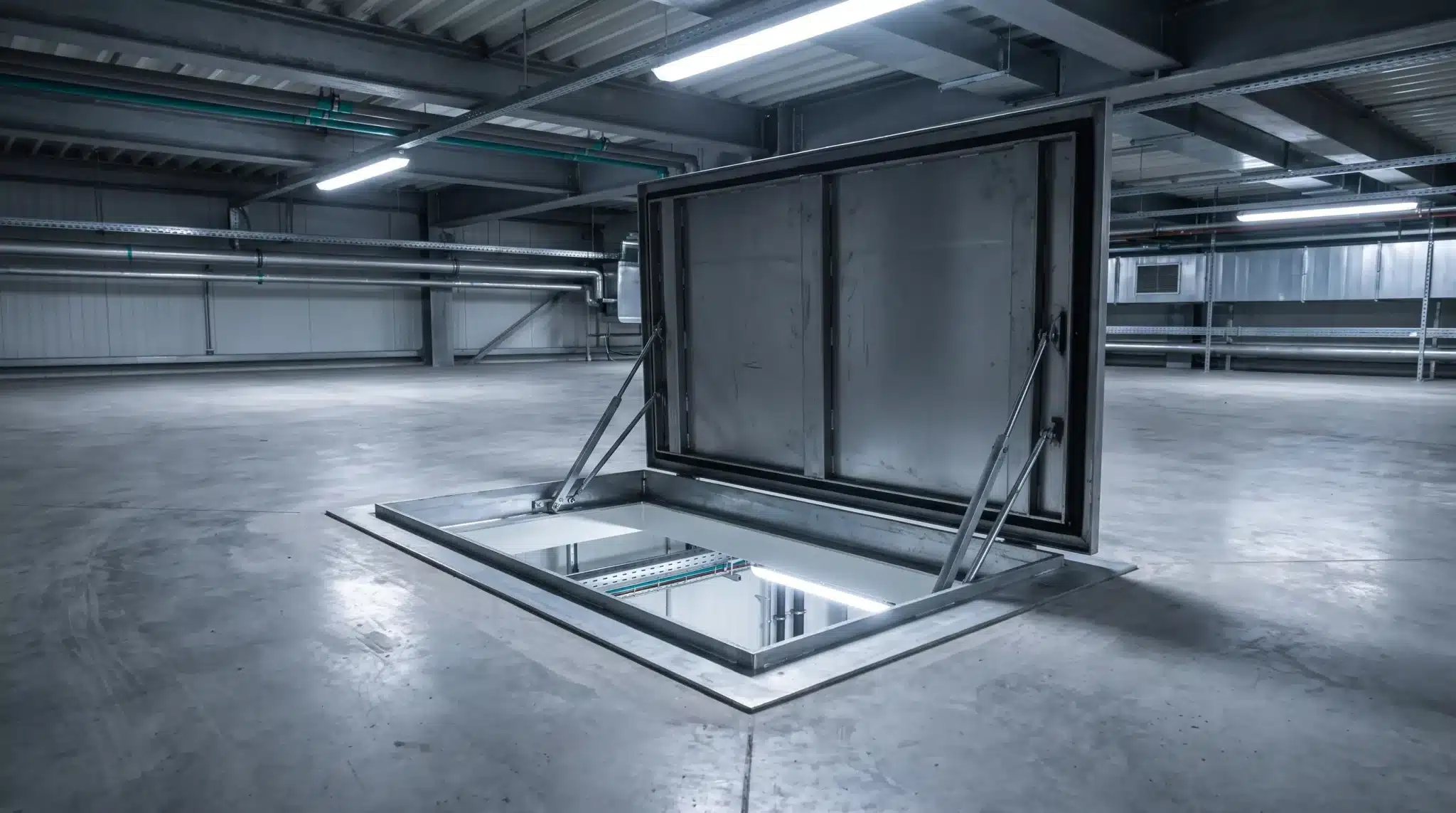 Open hatch in industrial basement with metal fittings and overhead fluorescent lighting