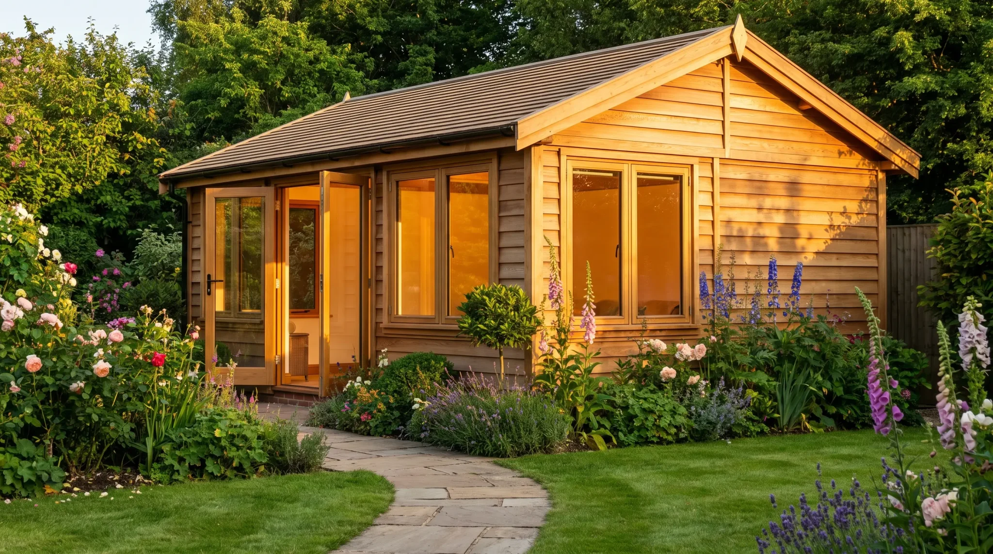 Wooden garden shed surrounded by vibrant flowers and green lawn in a sunny backyard setting