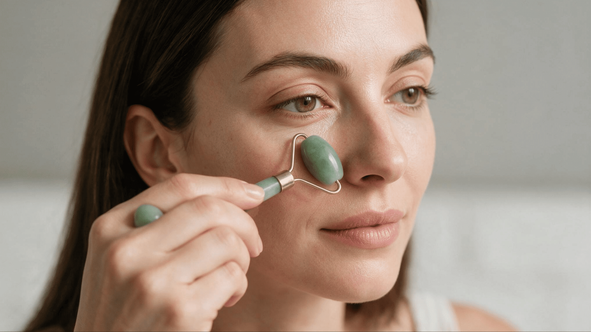 woman gently using the small end of a jade roller under the eyes with light pressure during a skincare routine