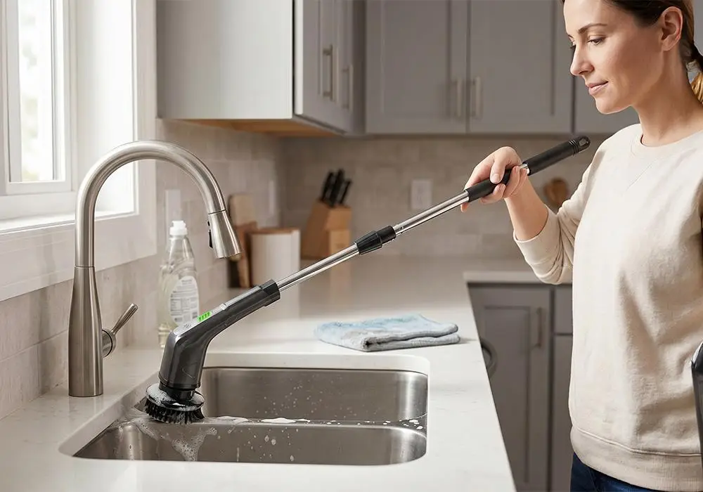 Person using a long-handled scrub brush to clean a kitchen sink in a modern, bright kitchen