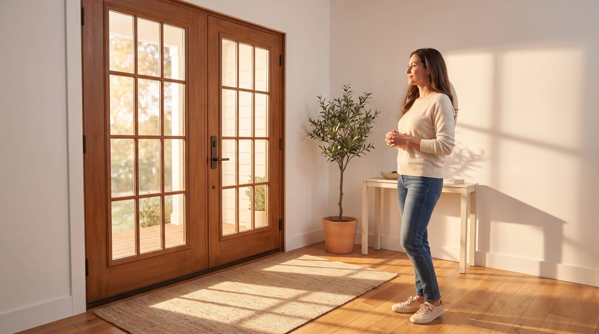 Woman in casual clothing standing by wooden French doors in sunlit living room with potted plant