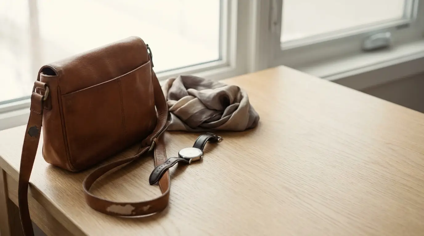 Brown leather bag, scarf, and watch on wooden desk by window in soft natural light