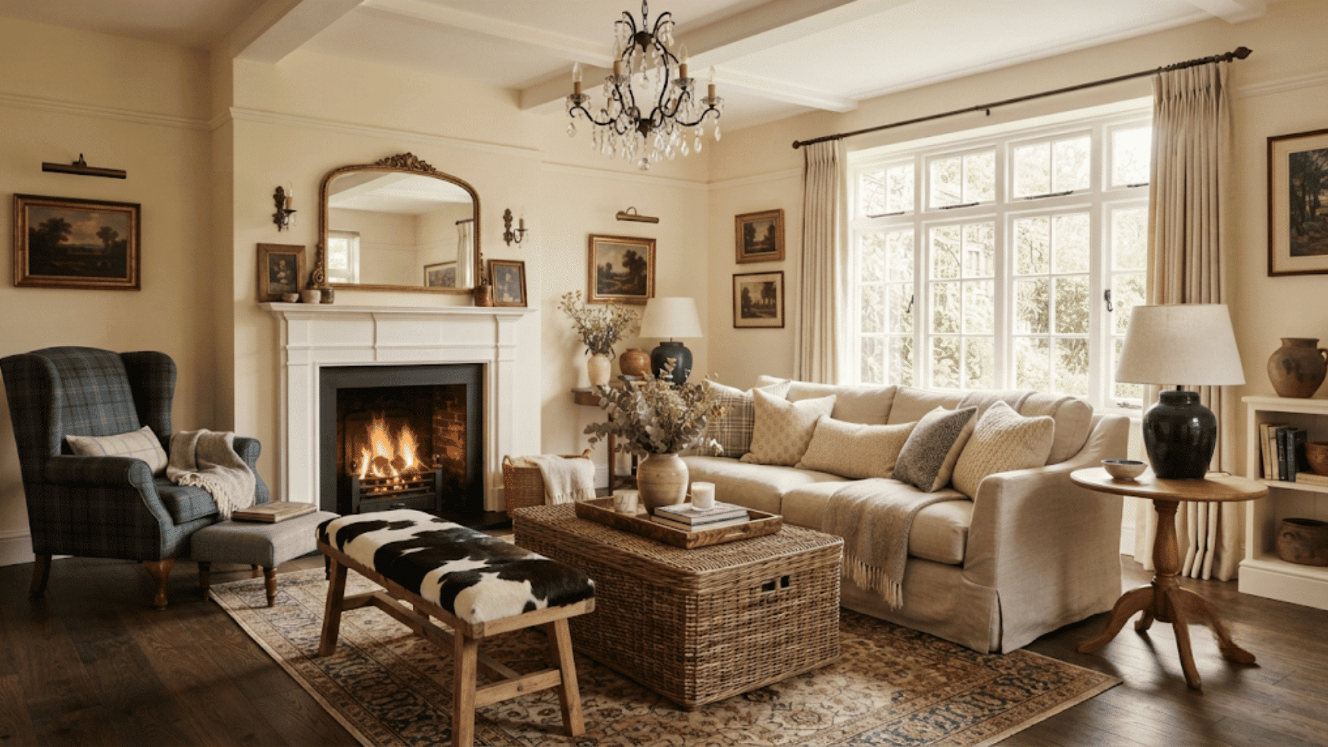 lighting around the room creates a warm living space with a chandelier table lamps and wall sconces