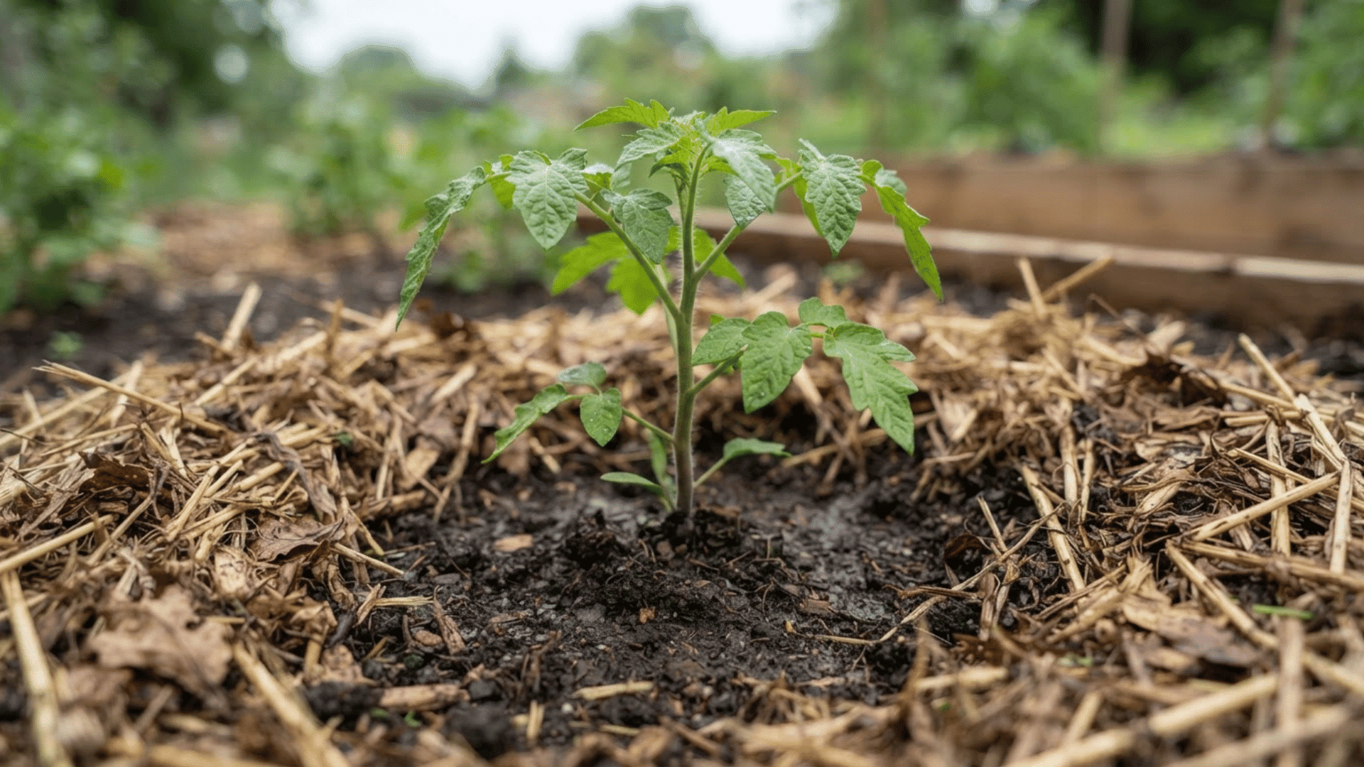 young garden plant surrounded by natural mulch protecting the soil and root zone from cold