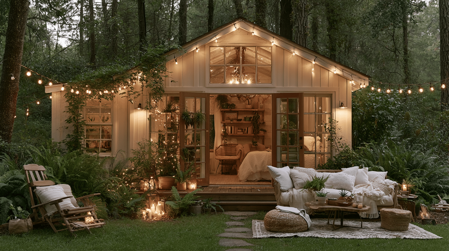 Cozy cabin with string lights and outdoor seating surrounded by lush forest greenery