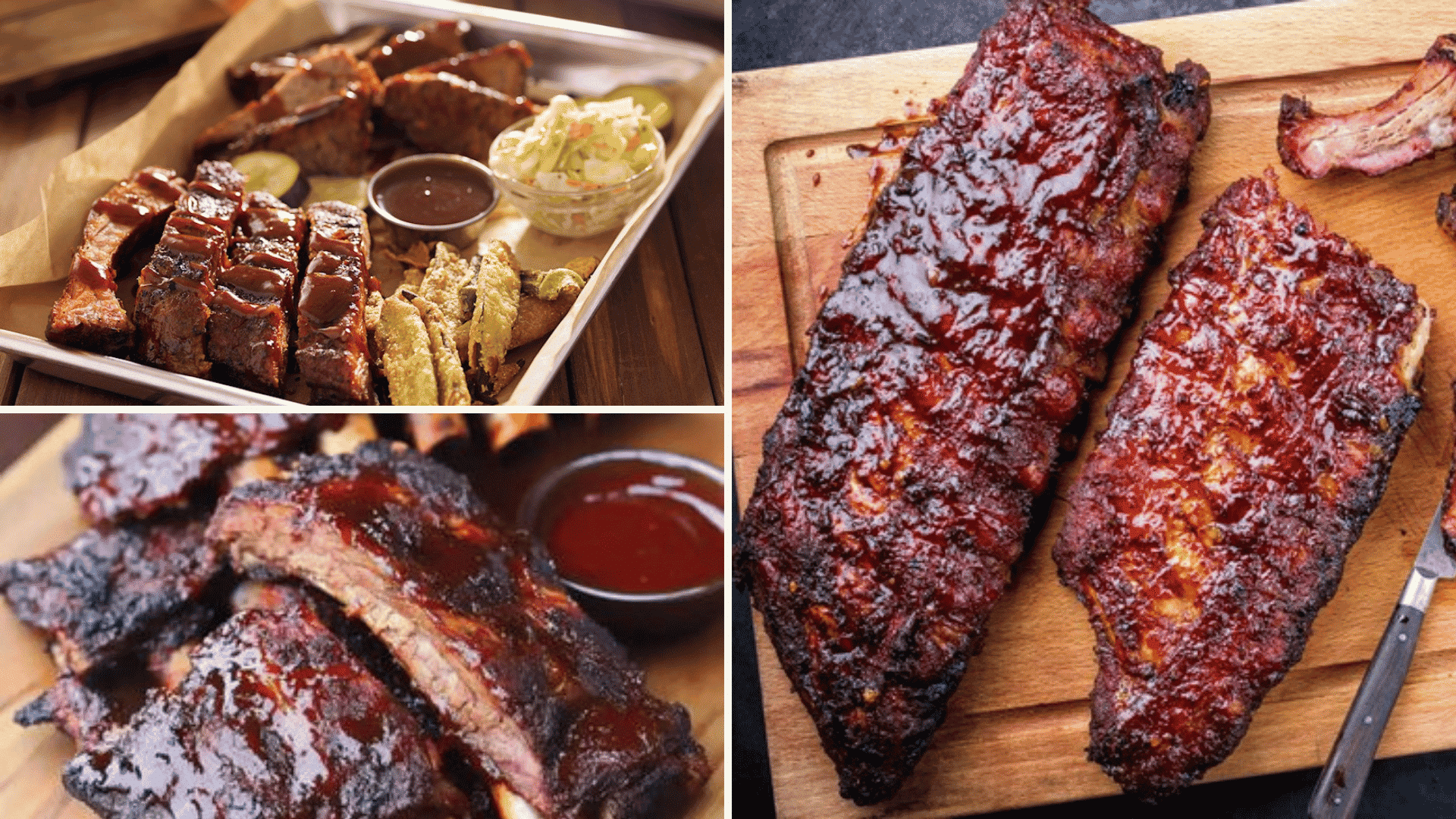 collage of smoky american barbecue ribs served with sauce coleslaw pickles and seasoned potato wedges