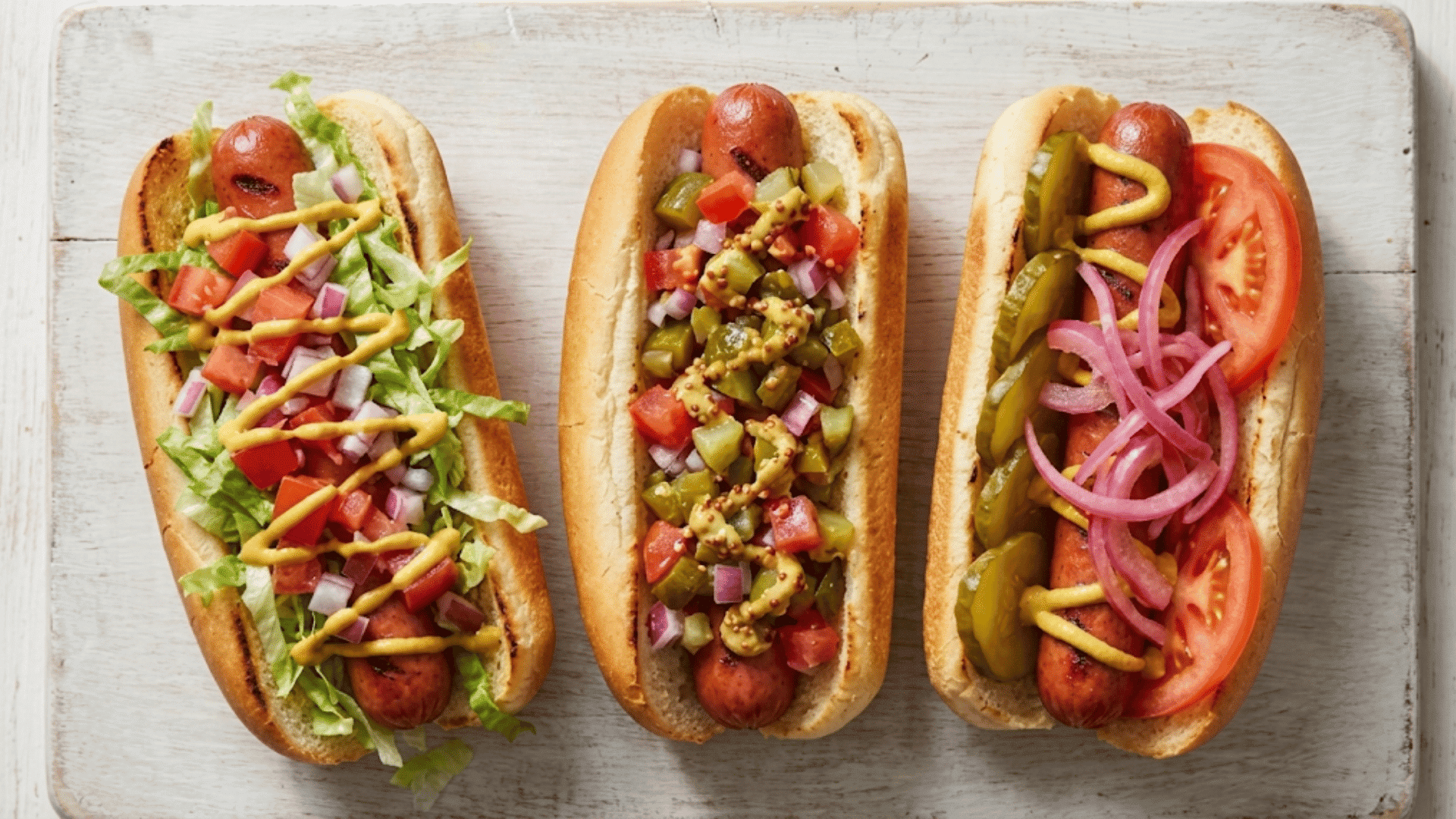 grilled american hot dogs with mustard relish onions tomatoes pickles and peppers in soft buns