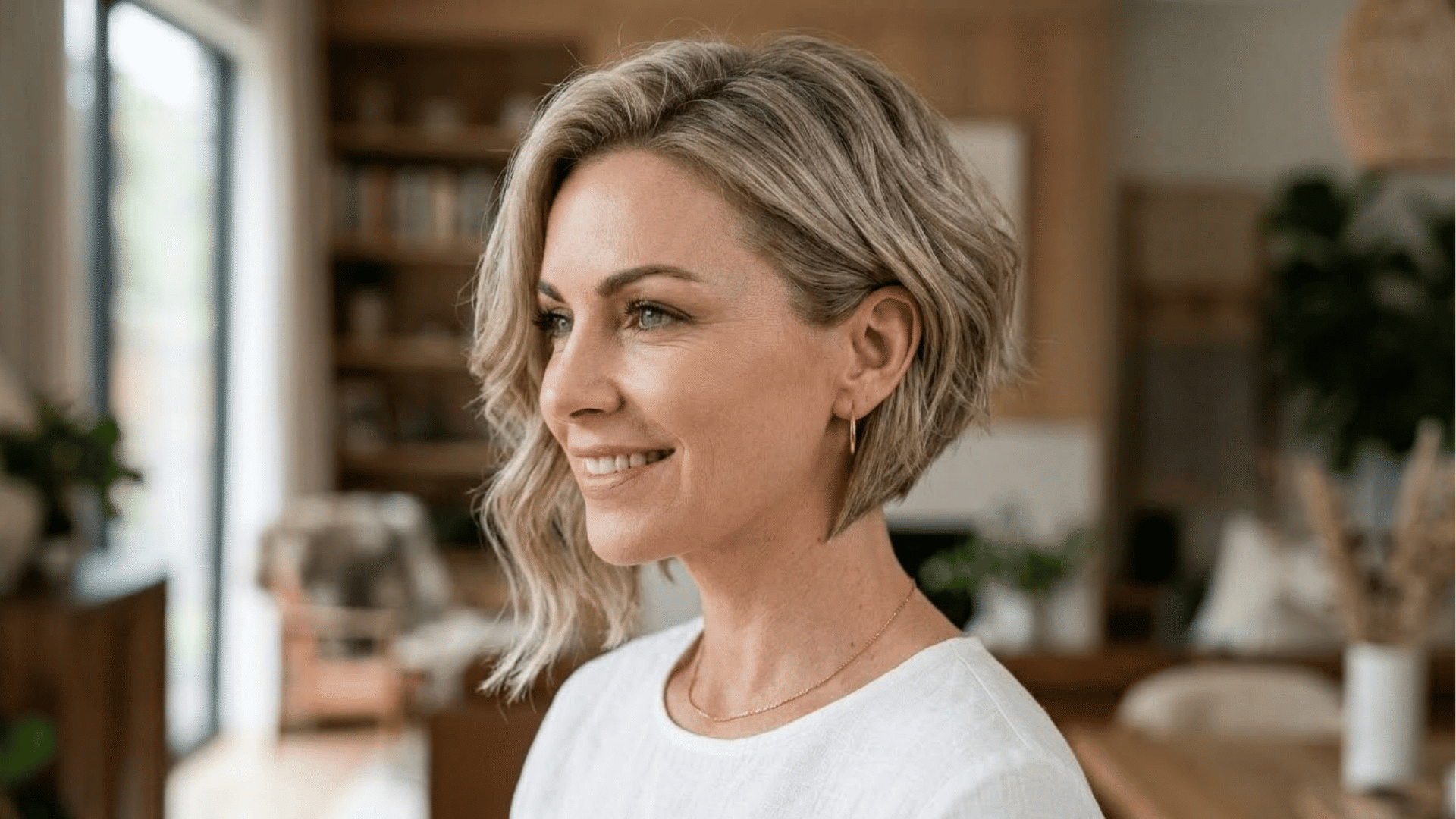 woman with heart shaped face wearing asymmetrical bob haircut with soft texture
