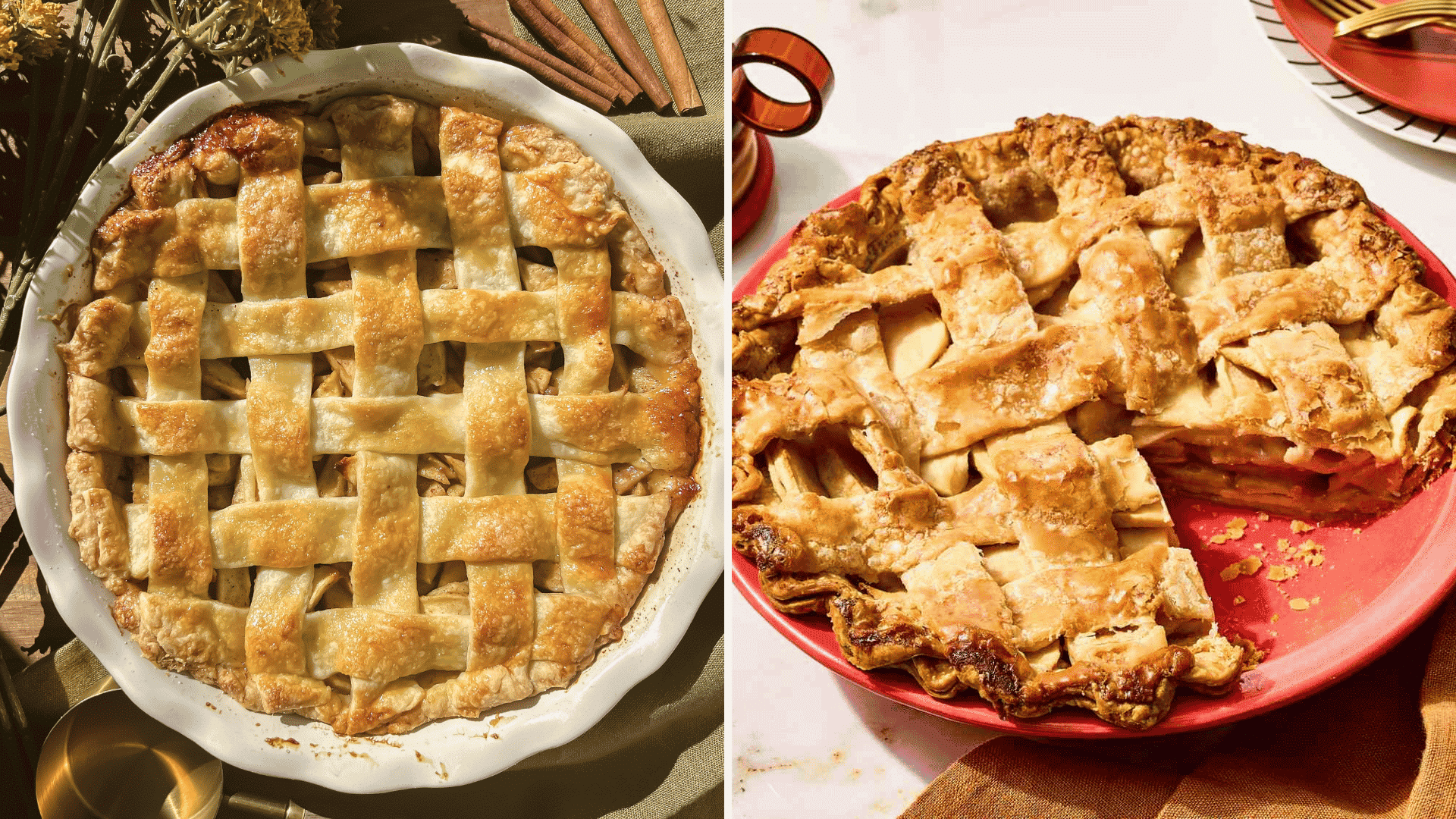 golden lattice apple pie beside a warm slice filled with spiced apples and topped with a buttery crumble