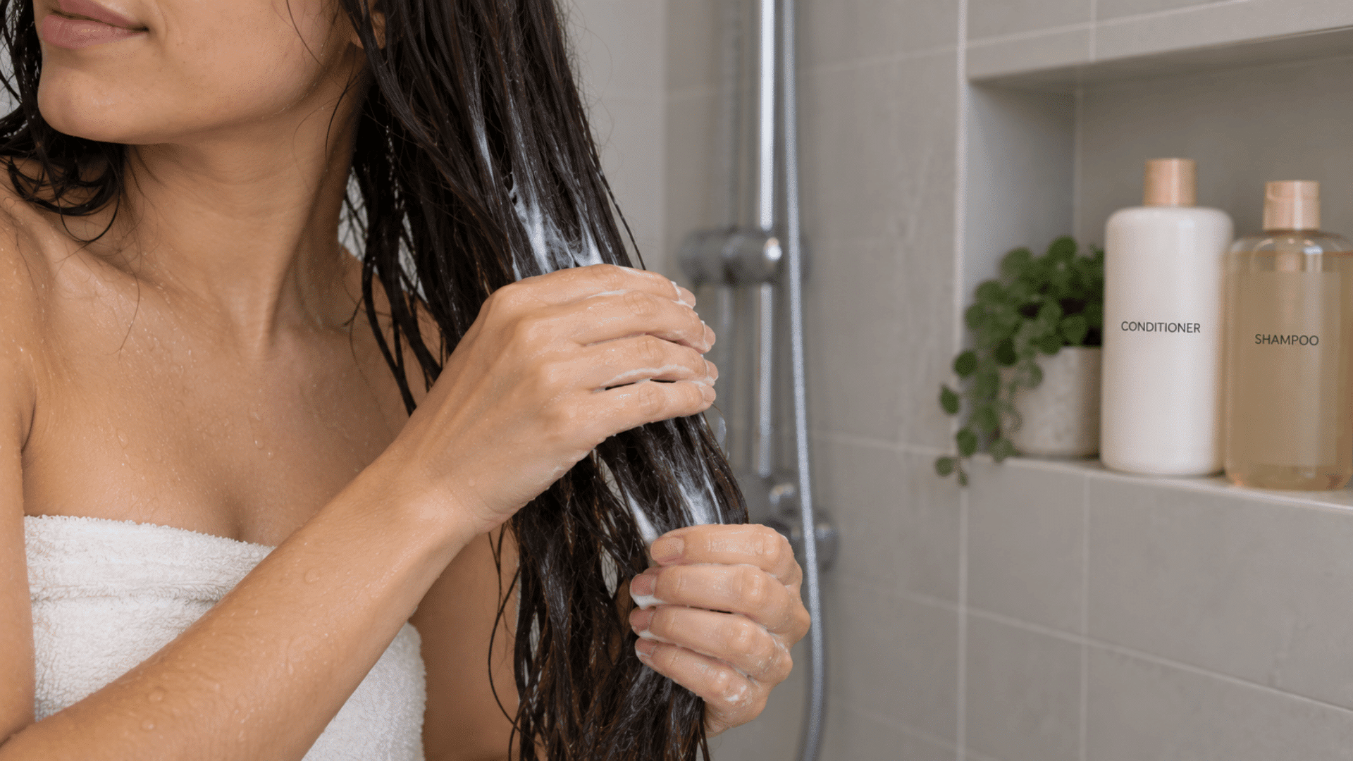 a woman applying conditioner to her wet hair in a shower with shampoo and conditioner bottles on a shelf