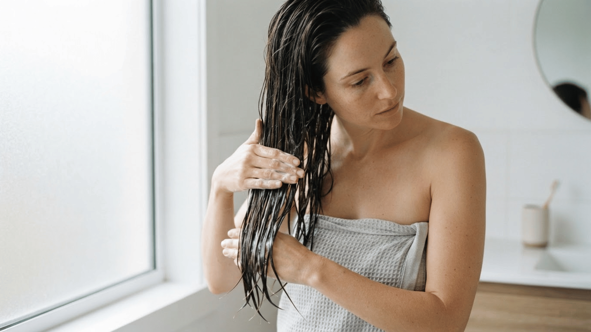woman applying conditioner to mid lengths and ends while keeping product away from oily roots