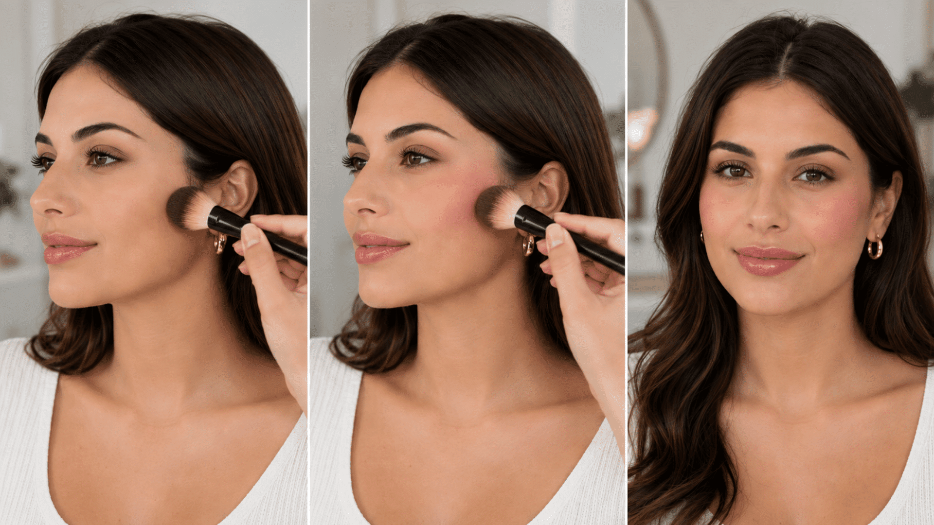 woman shown before, during, and after applying soft pink blush with a makeup brush to her upper cheek