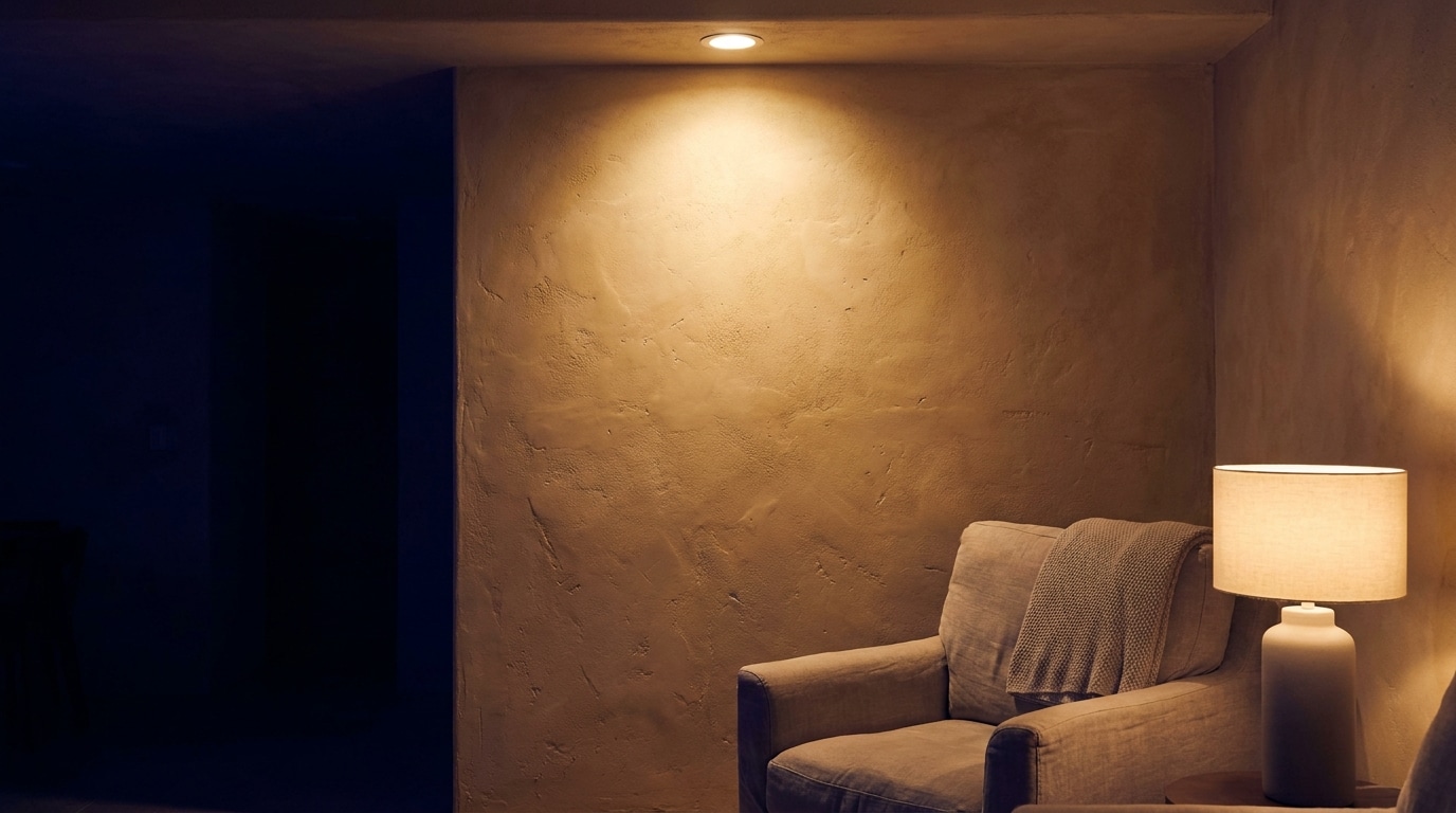 Cozy armchair with a knitted throw and lamp in a dimly lit room corner