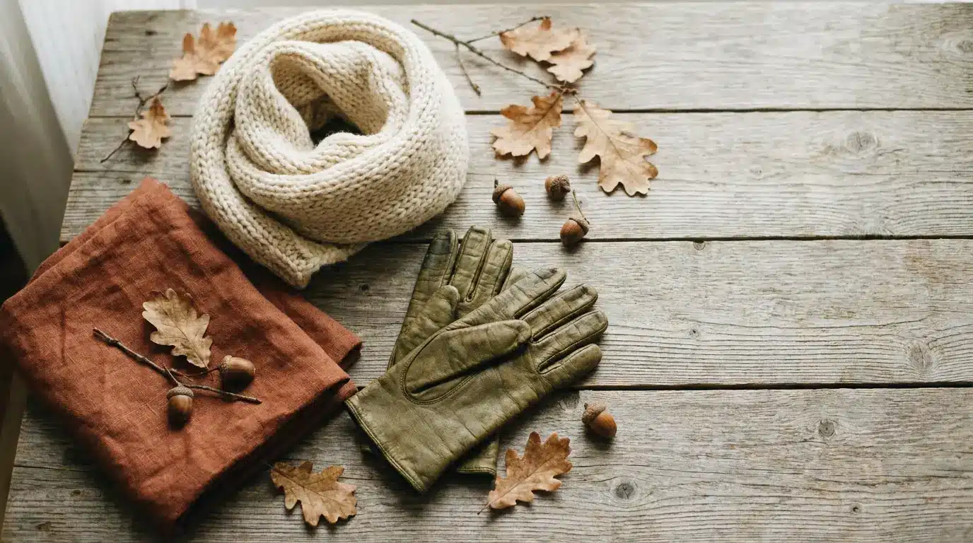 Cozy knit scarf, leather gloves, and autumn leaves on rustic wooden table