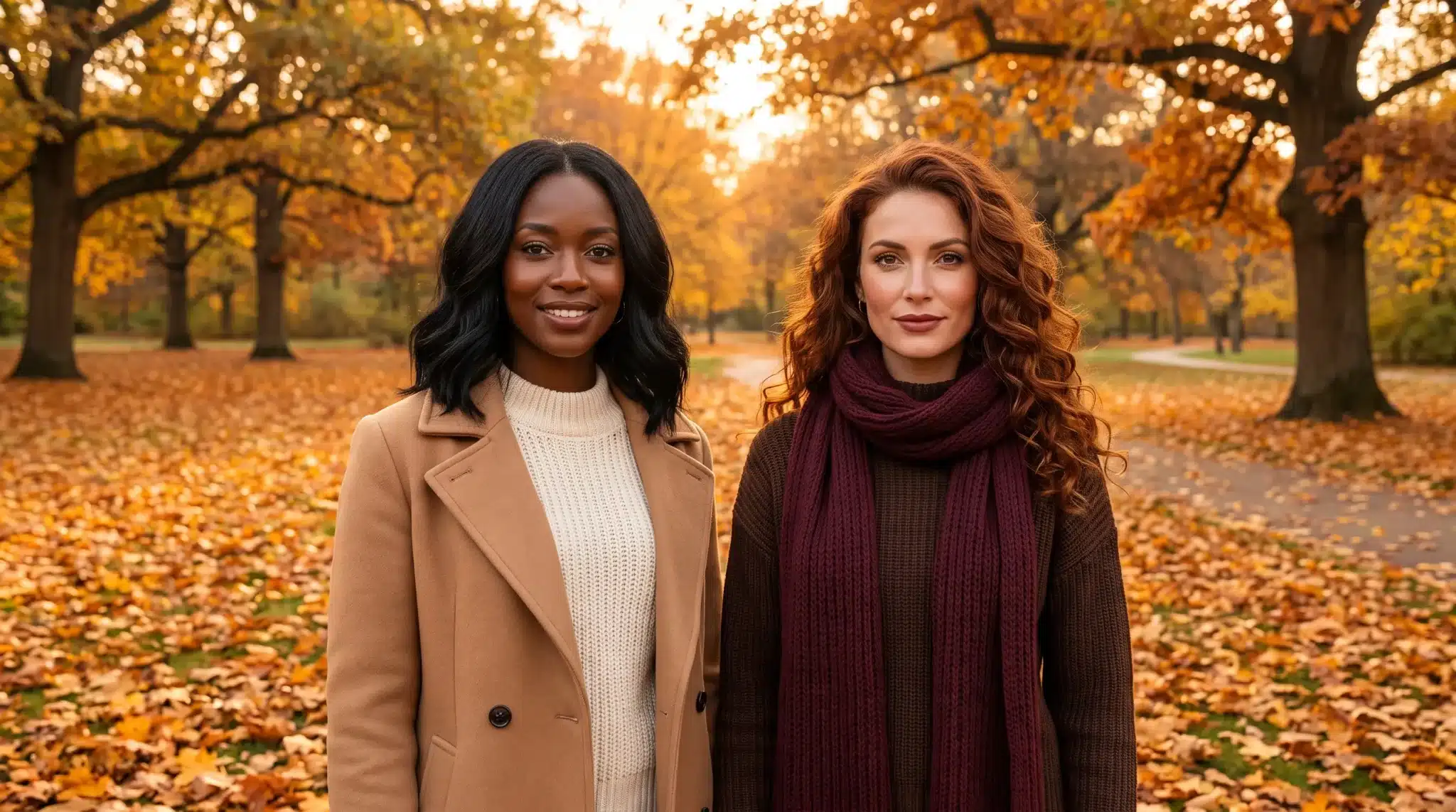 Two women standing in a park during autumn, surrounded by fallen leaves and trees