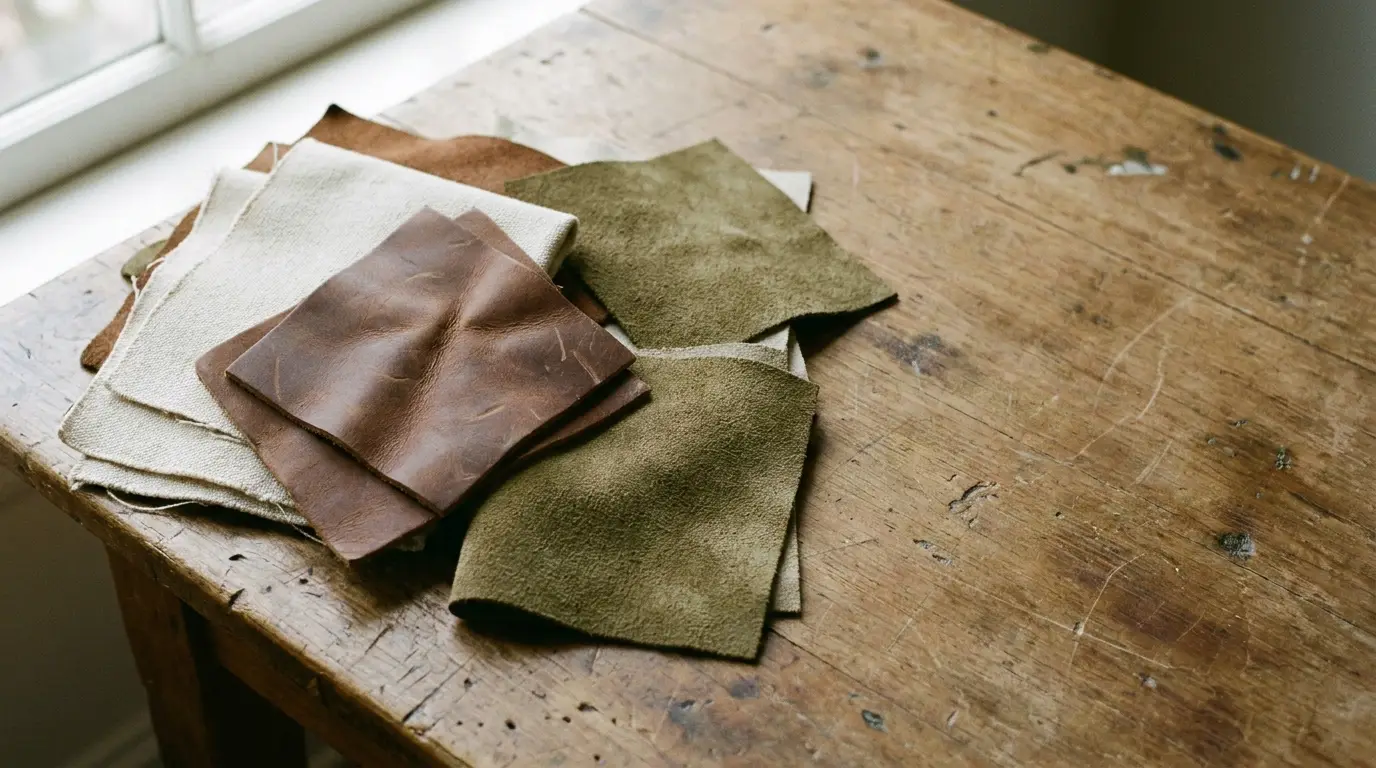 Fabric and leather swatches on rustic wooden table near windowlight