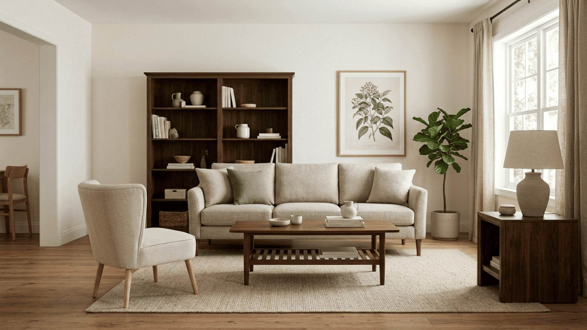 bright living room with beige sofa accent chair wooden coffee table dark bookshelf potted tree and large window