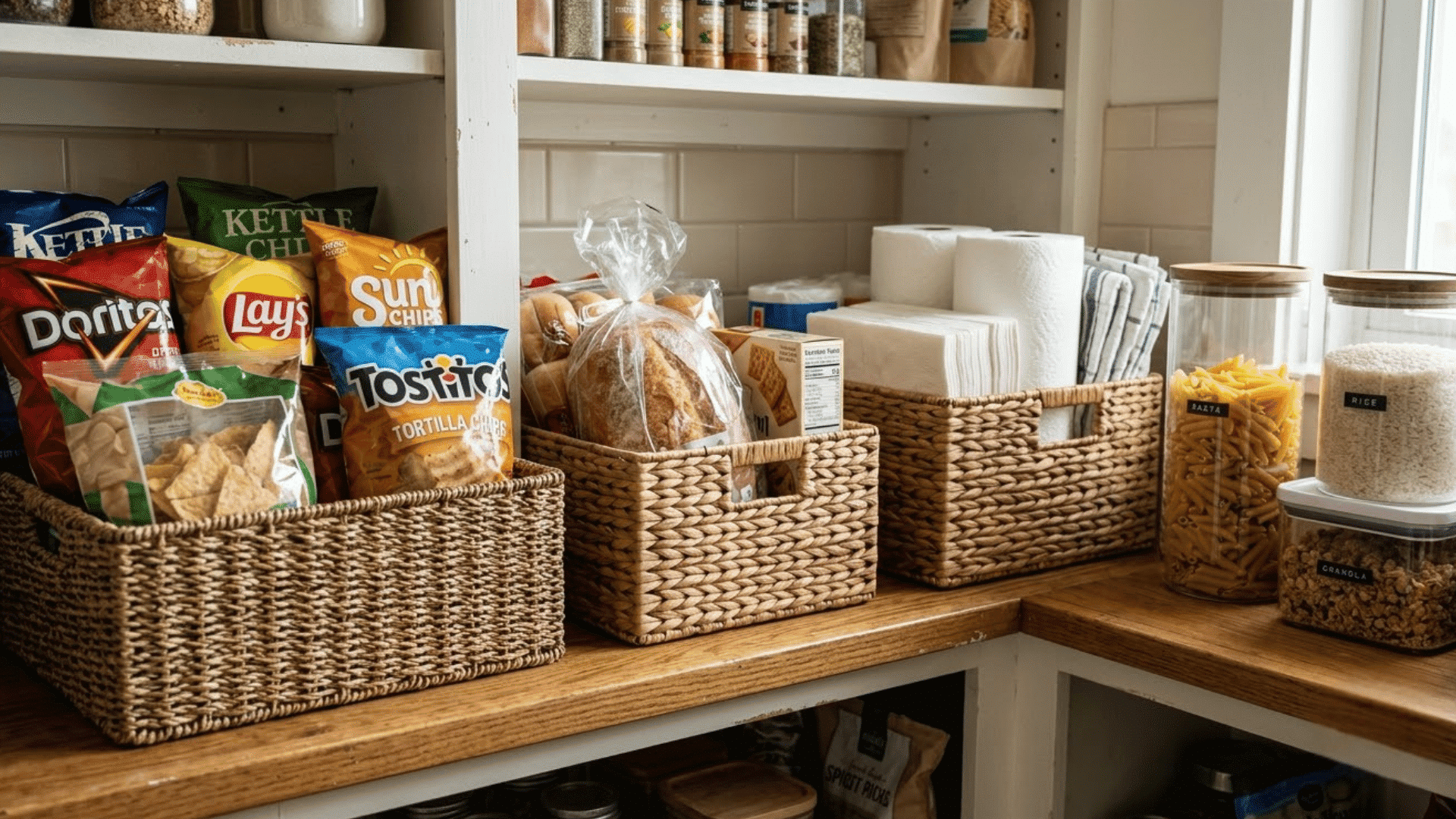 woven pantry baskets storing chip bags bread and bulky packages while keeping shelves neat and organized