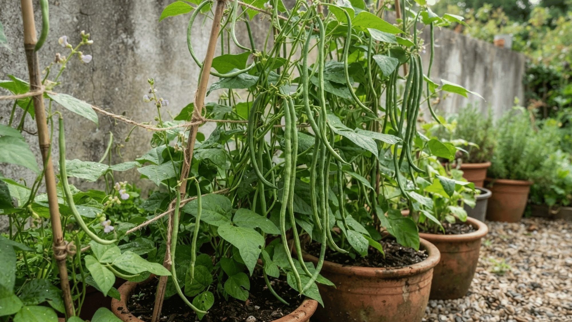 beans growing in a container with healthy green leaves and fresh pods developing on plants