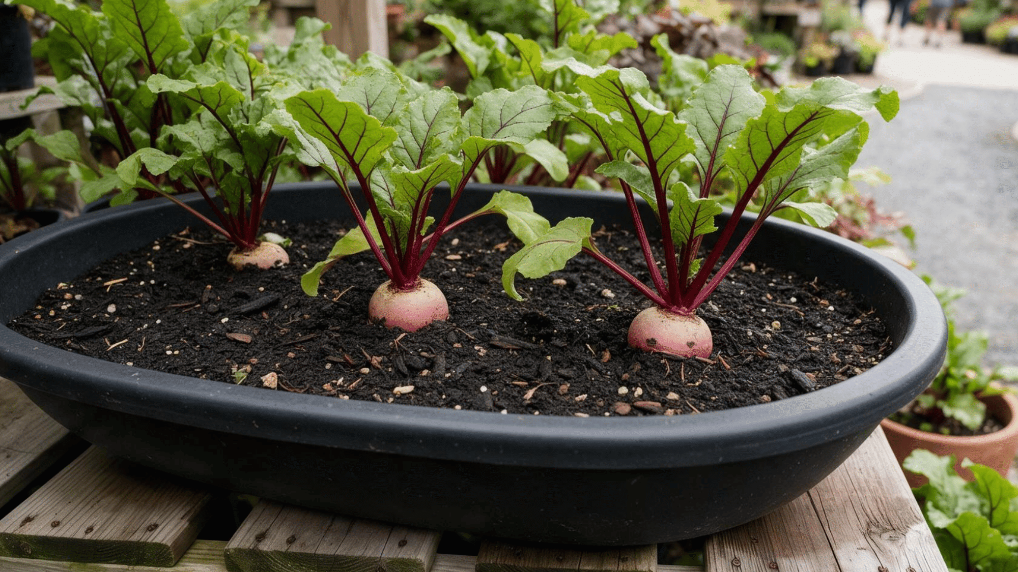 beet plants growing in a container with round roots developing beneath leafy green tops