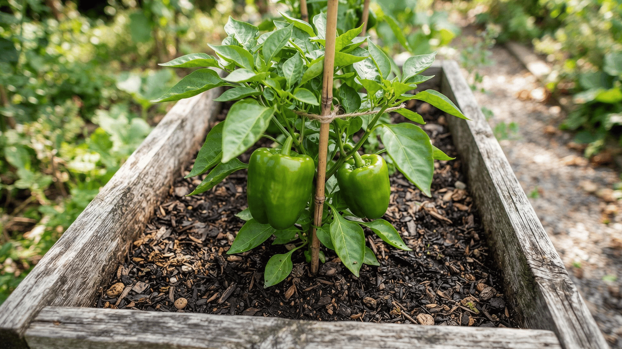 bell peppers growing in a container with healthy green leaves and colorful fruit developing in a home garden setting