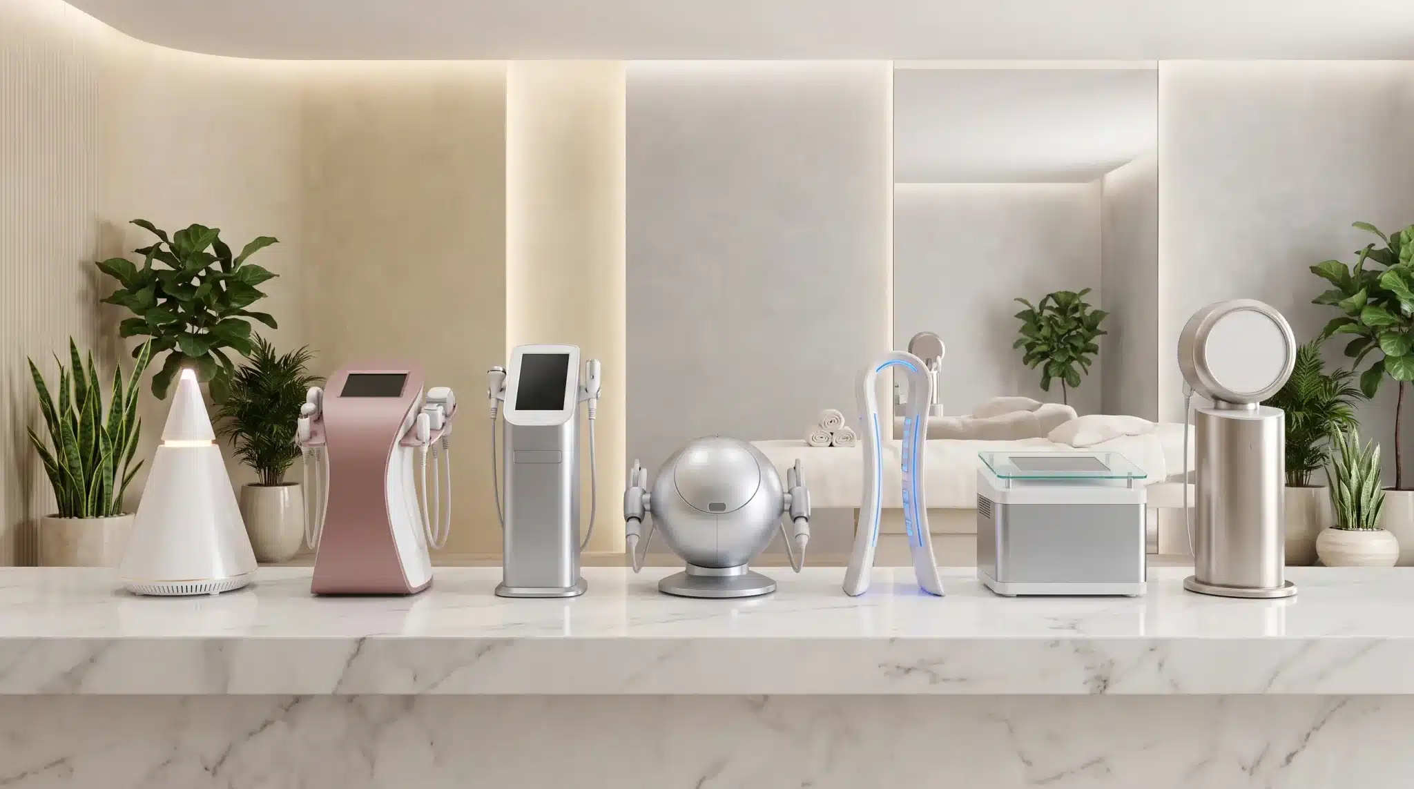 Modern beauty devices on marble counter in elegant spa-like setting with green plants