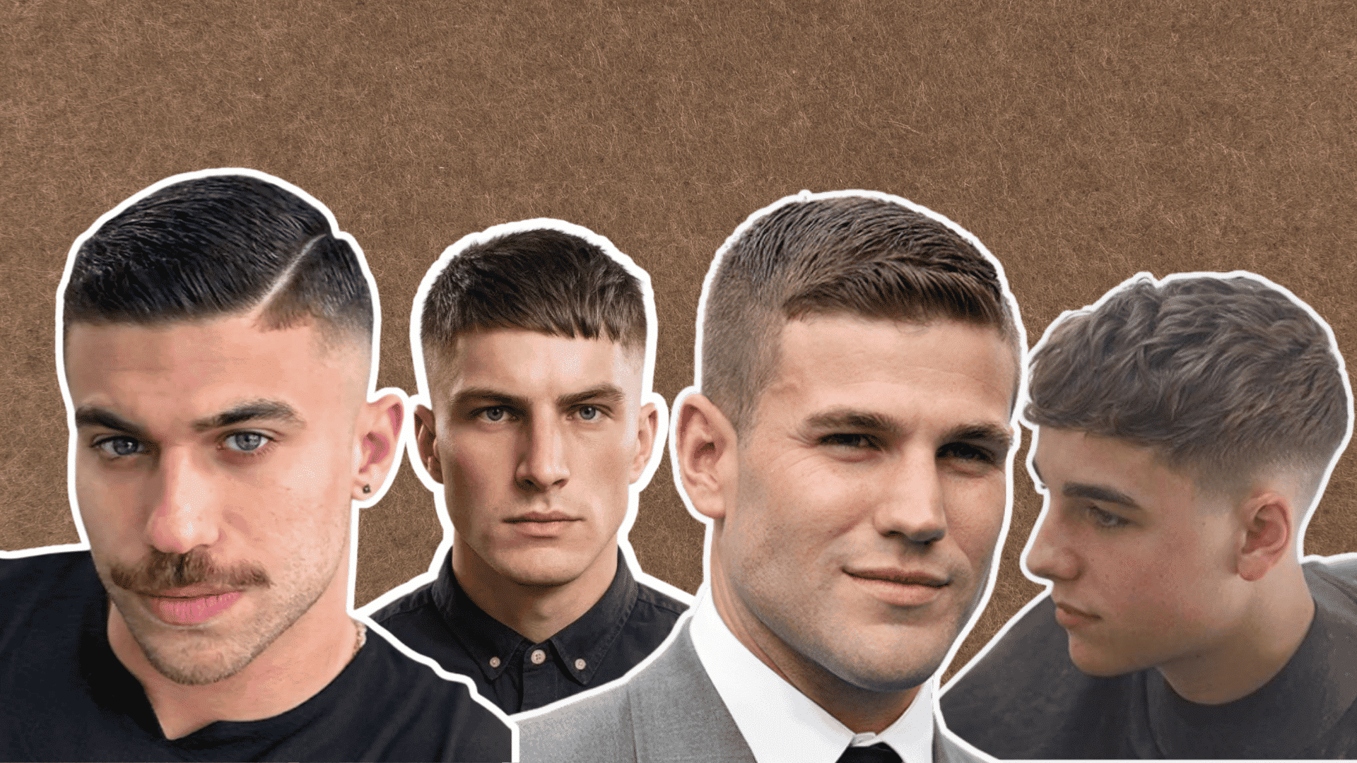four men displaying different side swept crew cut hairstyles with short faded sides