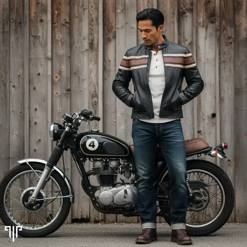 Man in leather jacket standing next to vintage motorcycle in front of wooden wall
