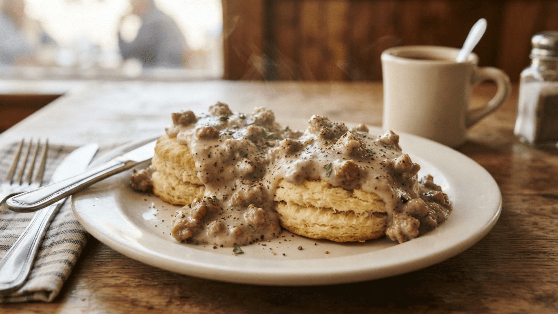 flaky biscuits topped with creamy sausage gravy and black pepper served as a warm southern breakfast