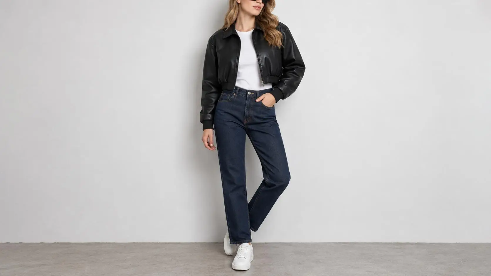 Person wearing black leather jacket and blue jeans standing against plain white background