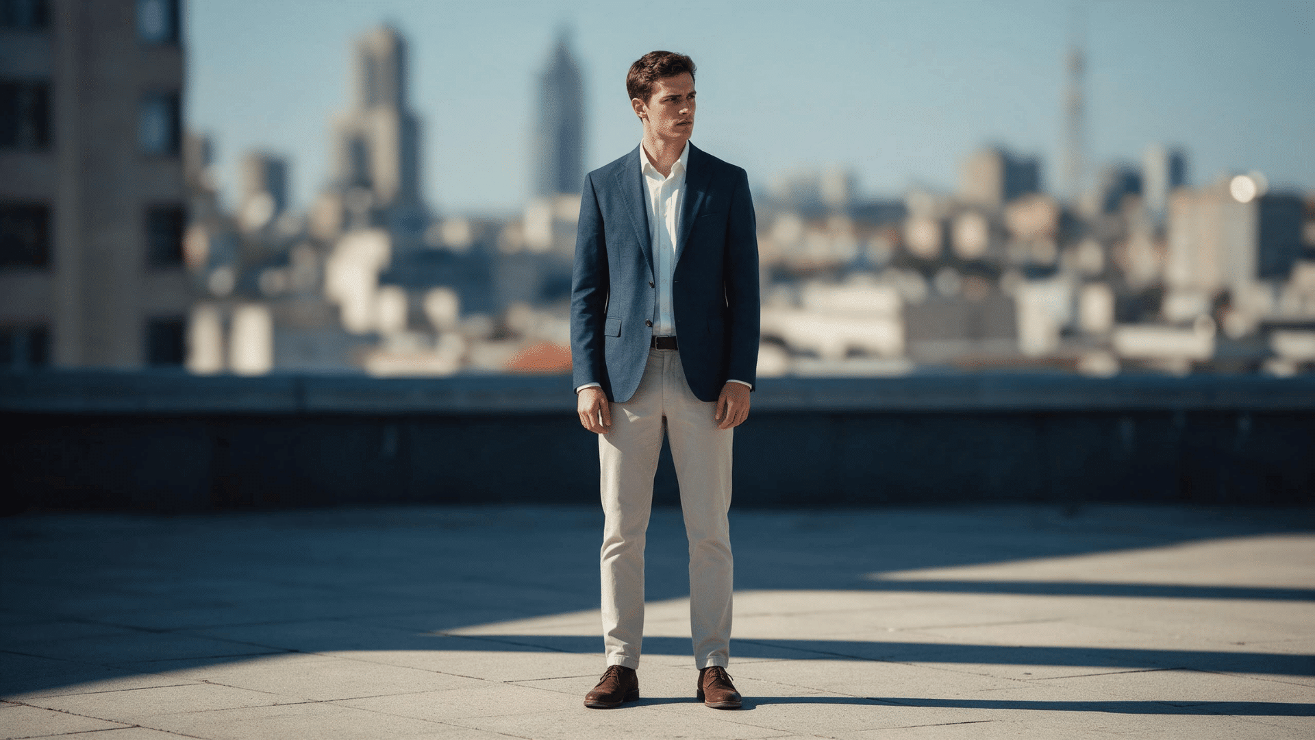 man wearing a navy blazer with white shirt beige chinos and brown dress shoes against a city backdrop
