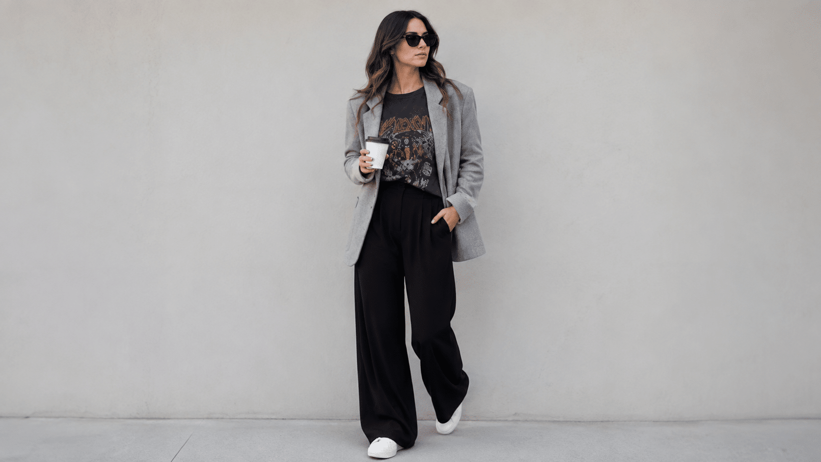 grey blazer with tshirt and trousers for a smart casual office outfit style