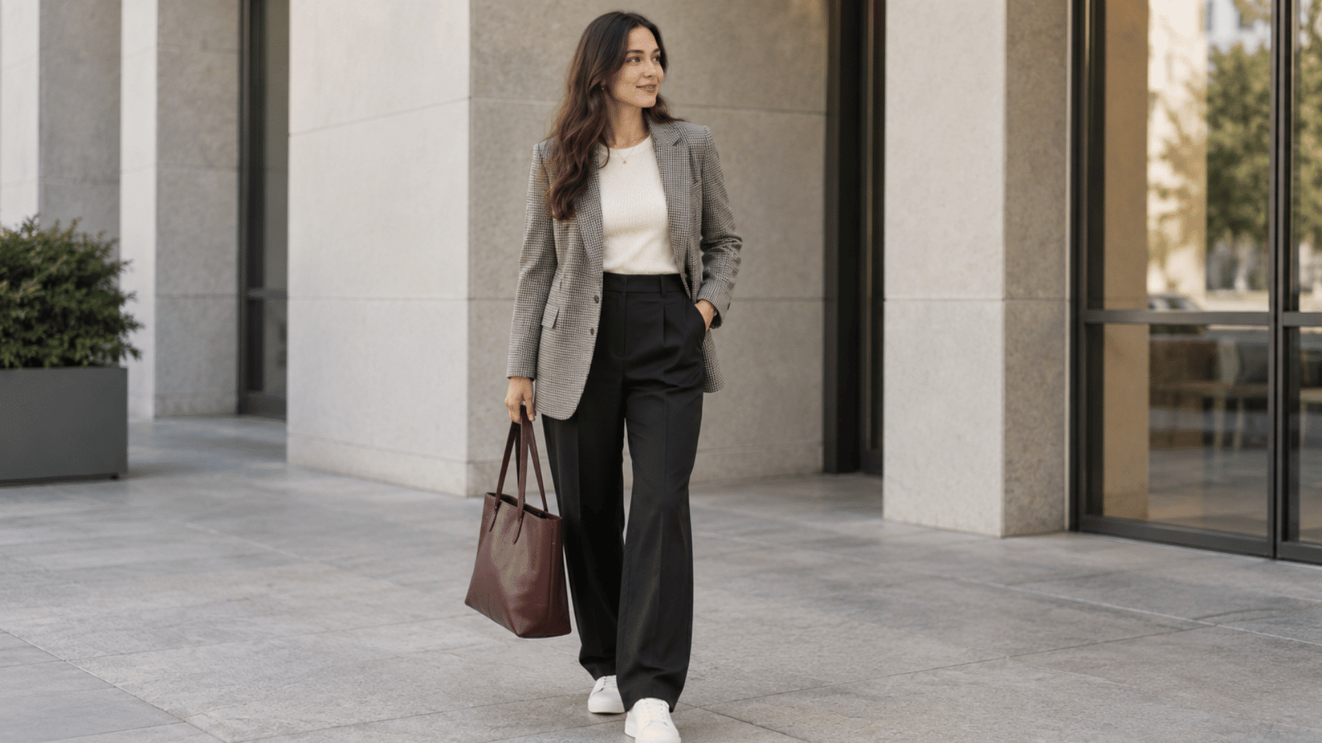 woman wearing a gray plaid blazer with black trousers white sneakers and a burgundy tote bag