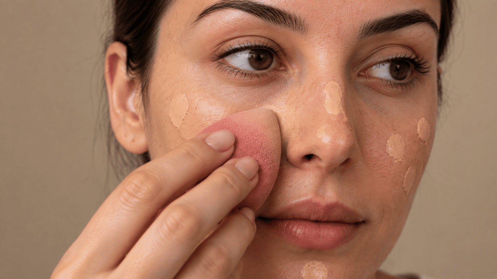 A woman blending foundation on her face using sponge