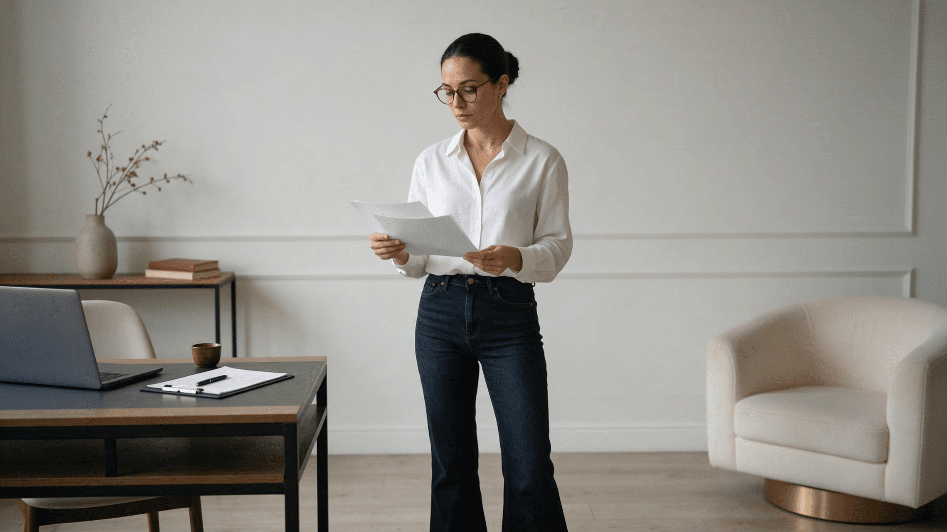 woman in white blouse and dark flare jeans reviewing papers beside a desk in a modern office