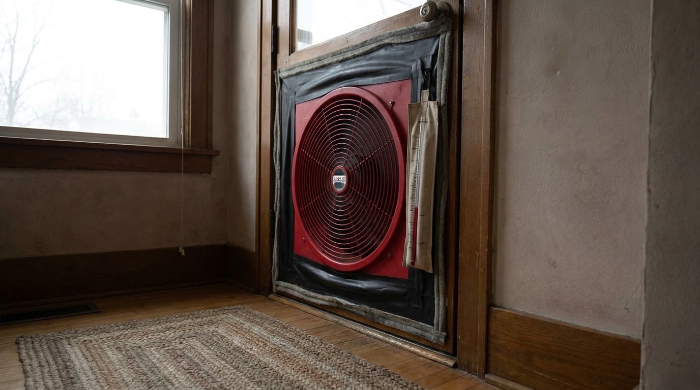 Red blower door fan set up in wooden door frame of a room with beige walls