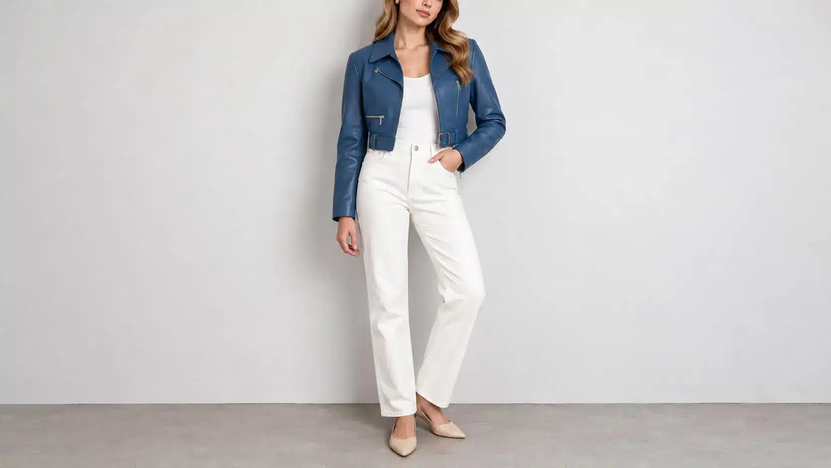 Woman wearing blue leather jacket and white pants standing in minimalist indoor setting