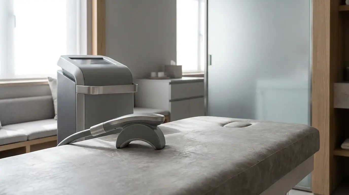 Aesthetic treatment room with laser equipment on cushioned table in bright modern clinic