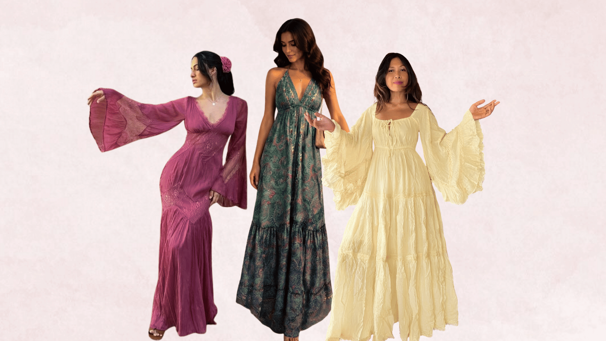 women wearing bohemian dresses in different styles with flowing silhouettes patterns