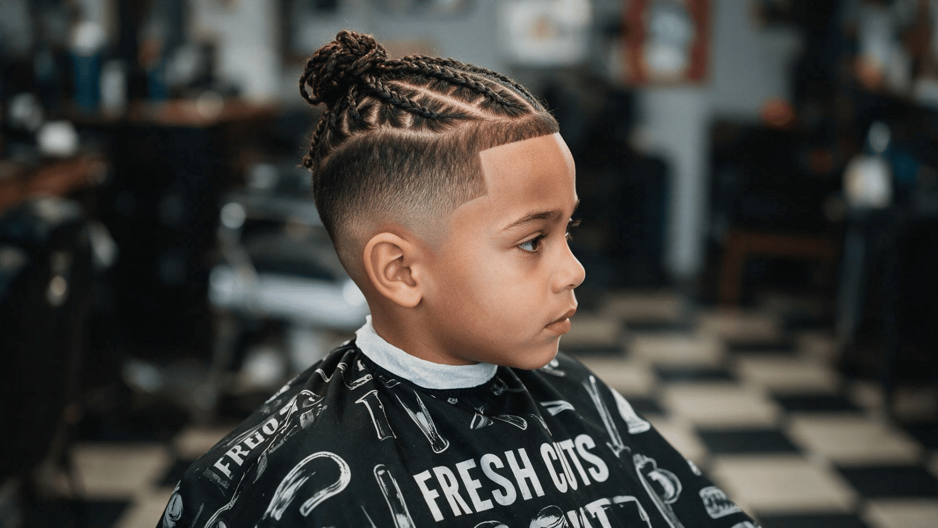 mixed boy haircut with braided top tied back, faded sides, and a sharp line-up