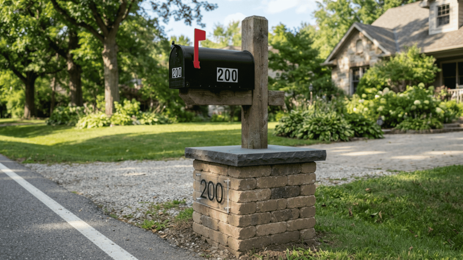 brick and wood mailbox with black mail box and address numbers set beside a green suburban lawn