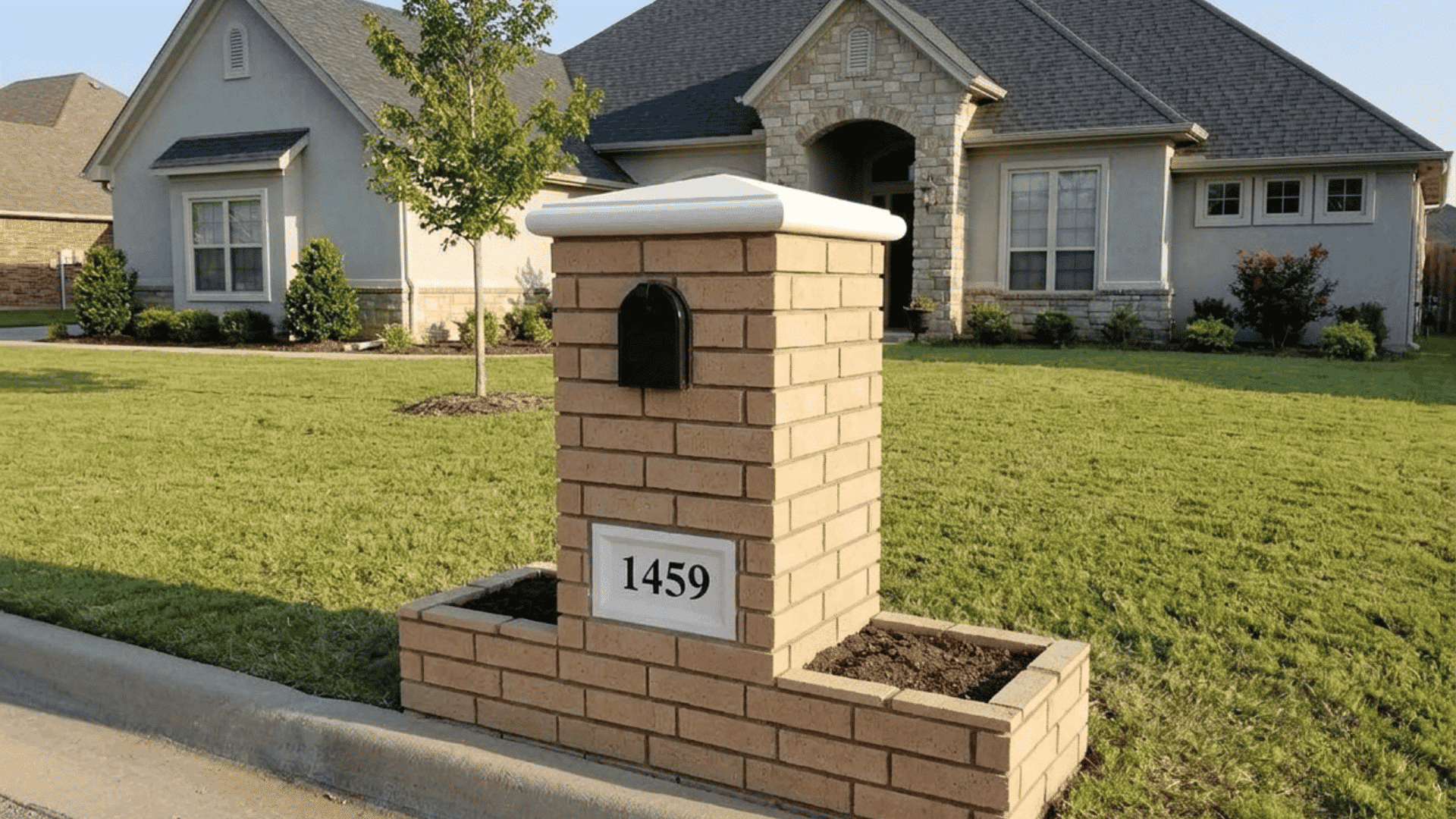 tan brick mailbox with black mail slot address plaque and built in planters beside a suburban lawn