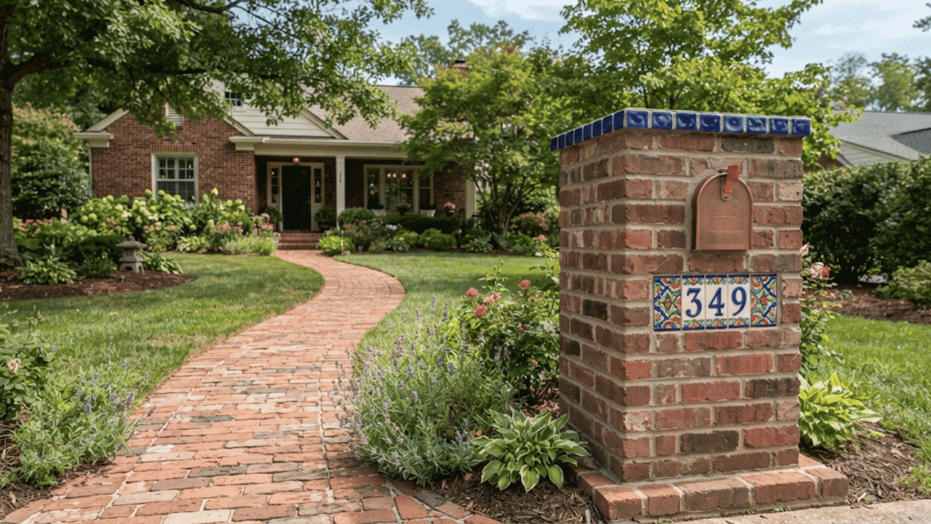 brick mailbox with decorative tile featuring colorful address numbers and blue tile trim beside a garden path