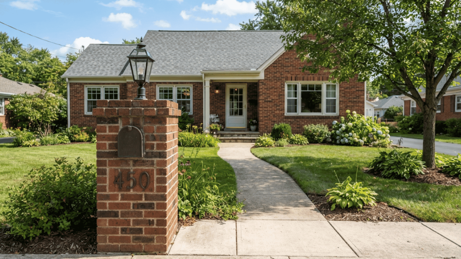 brick mailbox with lantern featuring address numbers beside a landscaped walkway leading to a traditional brick home